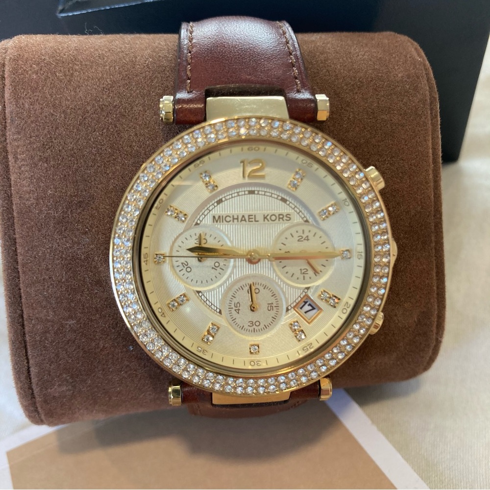NIB - MICHAEL KORS Watch Gold tone, Brown Leather Strap with Crystals - Picture 7 of 9